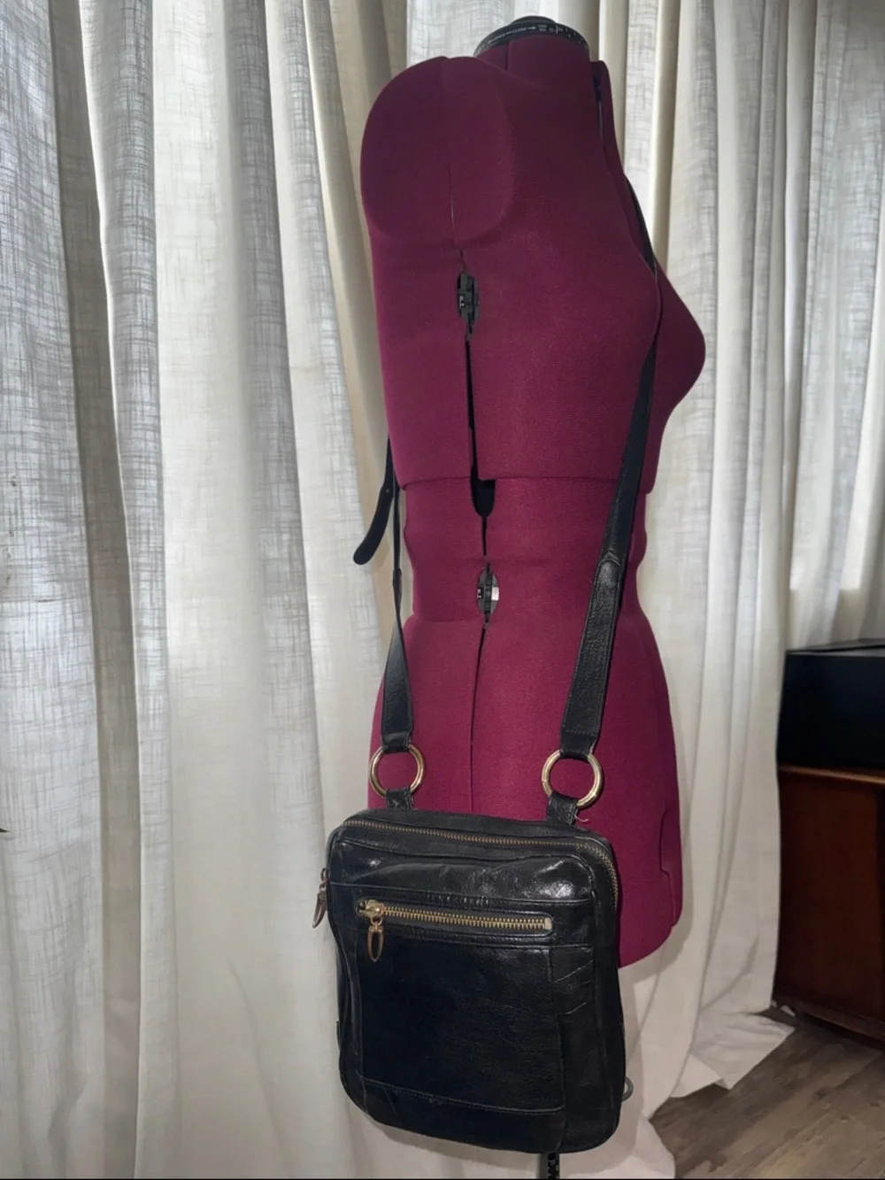 TUSK Black Leather Crossbody Bag Vintage Messenger Gold Hardware